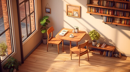 living room wooden wall  Japanese-style  in the morning There are tables and wooden chairs Generative AI 