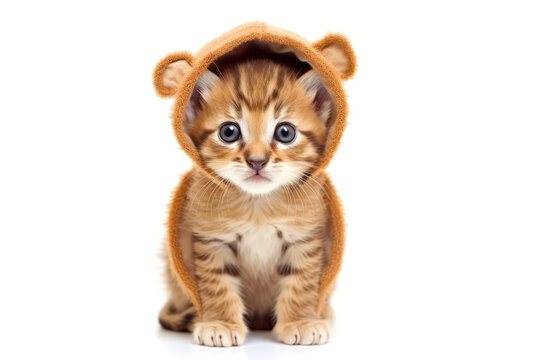 Kitten In Lion Costume On White Background. Generative AI