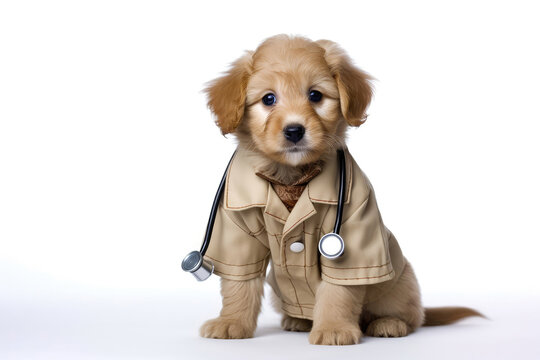 Puppy In Doctor Costume On White Background. Generative AI