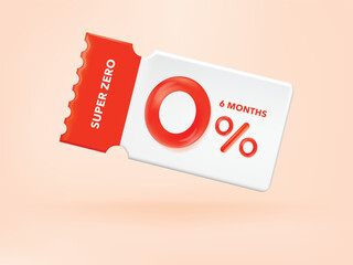 3D Gift voucher with coupon Zero Percentage. For business promotion sales and Discount online purchases. Tag label, sale banner with super zero 0% discount. 3d rendering.