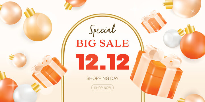 3D Gift voucher super sale banner. For business promotion special offer end year sales and Discount online purchases. Tag label, 3d rendering design. 12.12 ,1212,12 super sale banner.