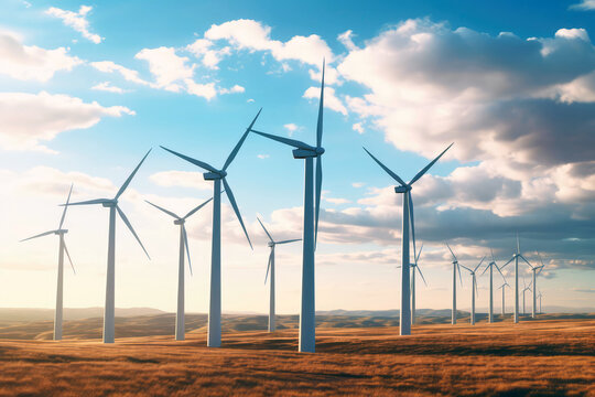 Wind Turbines Standipng Tall On Wind Farm. Generative AI