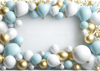 Fototapeta na wymiar ai generated illustration empty space for text framed by white blue and gold flying balloons