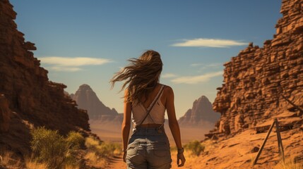 Woman standing alone looking at the desert. - obrazy, fototapety, plakaty