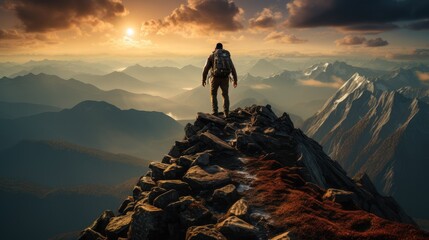 People helping each other hike up a mountain at sunset background. Hiking, Business, teamwork, success. - obrazy, fototapety, plakaty