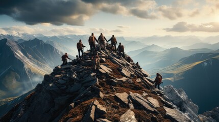People helping each other hike up a mountain at sunset background. Hiking, Business, teamwork, success. - obrazy, fototapety, plakaty