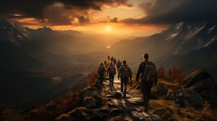 Hikers success on top mountains, Motivation, Teamwork and Leadership.