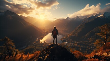 Man on top of the mountain with arms open, Successful men have attained peaks of personal growth and development, Success in business leadership winner on top.