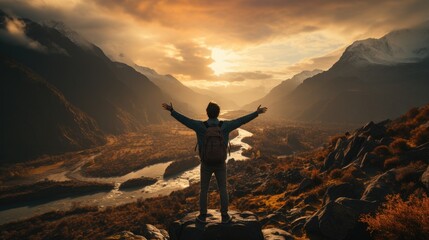 Man standing on top of the mountain, Man raising arms victoriously after climbing the mountain, Winner and Success concept.