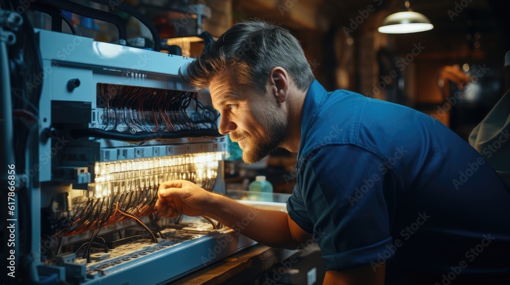 Poster electrician inspect and installing switchboard with an electrical connecting cable.
