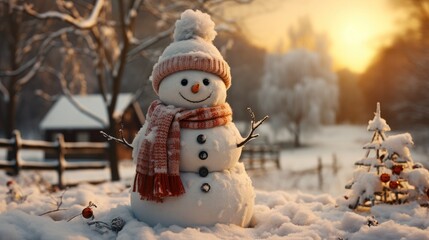 Obraz premium Merry Christmas, Snowman in a winter Christmas scene with snow, Pine trees and warm light.