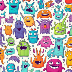 Flat vector cute doodle monsters pattern