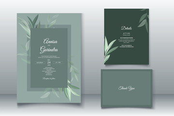 Beautiful sage  green leaves  wedding invitation card template Premium Vector