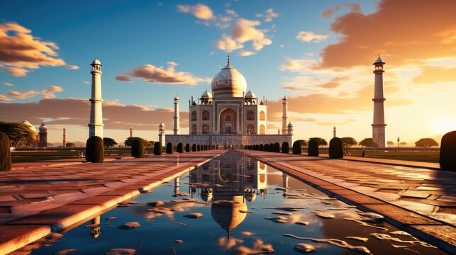 Amazing view on the Taj Mahal in sunset light with reflection in water. The Taj Mahal is an white marble mausoleum at India.