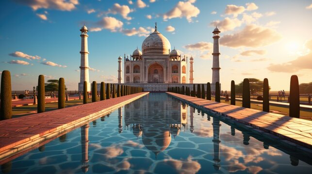 Amazing view on the Taj Mahal in sunset light with reflection in water. The Taj Mahal is an white marble mausoleum at India.