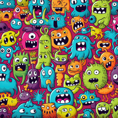 Flat vector cute doodle monsters pattern