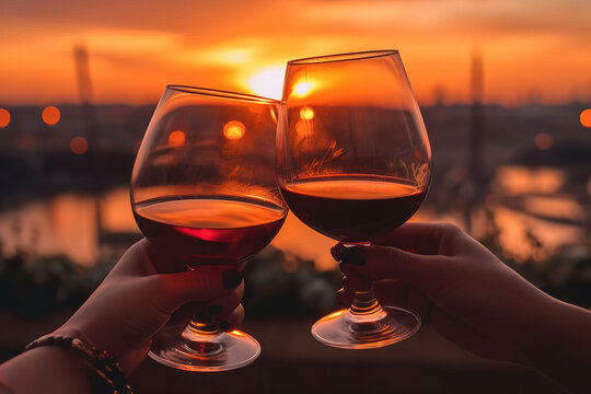 Couple are clanging wine glasses with wine at sunset. Generative ai image.