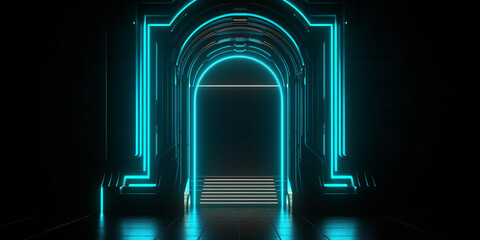 Glow in the dark blind arch on the wall, in the space style, and in the style of the hologram. Generative AI