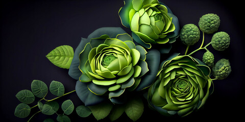 Rose flowers in green on an isolated black background. Generative AI