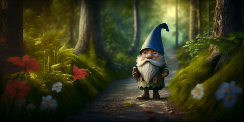 a little fabulous cute gnome stands on a path in a summer magical forest. Generative AI