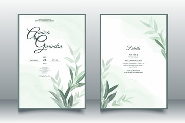 Beautiful sage green leaves wedding invitation card template Premium Vector