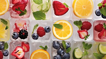 frozen fruits in a transparent ice cube - Generative AI technology