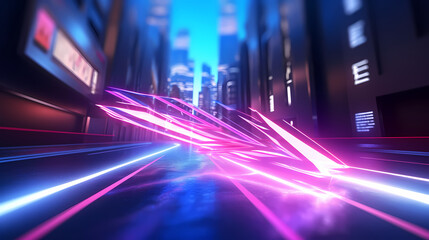 Fototapeta na wymiar Neon Arrow in Motion, Abstract Visualization of Speed and Technology with Pink and Blue Glow, generative ai.
