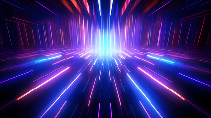 Fototapeta na wymiar Spectrum Show, Vibrant Neon Beams Illuminate Abstract Geometry in Cosmic Stage Room, generative ai.