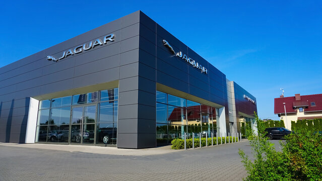 Krakow, Poland - May 21, 2023: Jaguar Land Rover logo on a store.