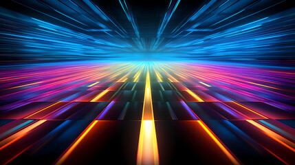 Spectrum Show, Vibrant Neon Beams Illuminate Abstract Geometry in Cosmic Stage Room, generative ai.