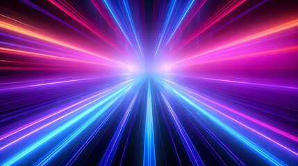 Spectrum Show, Vibrant Neon Beams Illuminate Abstract Geometry in Cosmic Stage Room, generative ai.