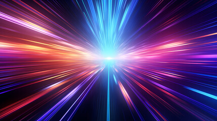 Spectrum Show, Vibrant Neon Beams Illuminate Abstract Geometry in Cosmic Stage Room, generative ai.