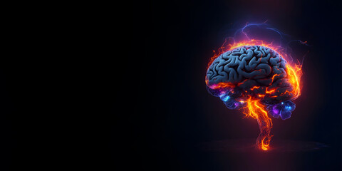 Human brain with fiery backlight on a black background. 3D illustration. Brainstorming concept. - obrazy, fototapety, plakaty
