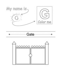 Color the letter and picture. Educational children game. Coloring alphabet. Letter G and cartoon gate.