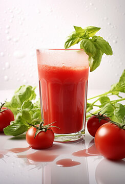 Fresh tomato juice and fresh tomatoes on rustic background. Generative AI 