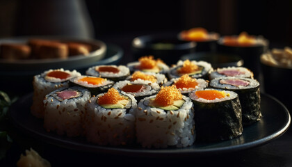 Fresh seafood plate with maki sushi, sashimi, and nigiri variations generated by AI
