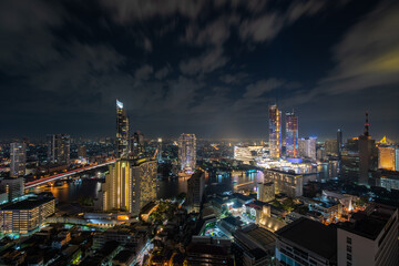 Fototapeta na wymiar Aerial view of Bangkok skyline and skyscraper in Bangkok downtown. Chao Phraya River Bangkok Thailand