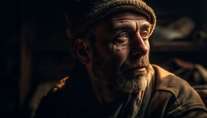 Obraz premium Serious senior man with gray hair and mustache looking outdoors generated by AI
