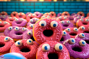 Cheerful friends. Generative AI. Crowd on sale. Cute pink donuts with bright sprinkles and eyes. Lots of doughnut. National Donut Day or Fat Thursday. Illustration for cafe, fast food, menu for kids.