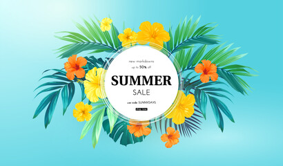 Summer tropical design for banner or flyer with exotic palm leaves, hibiscus flowers and space for text.