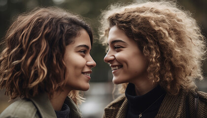 Two young women outdoors, smiling and embracing in friendship and togetherness generated by AI