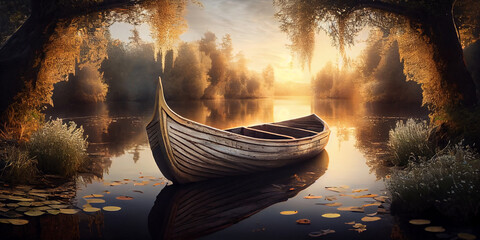 Image of an old wooden boat on the water of a deserted forest lake, in the early morning in the rays of the rising sun. Generative AI