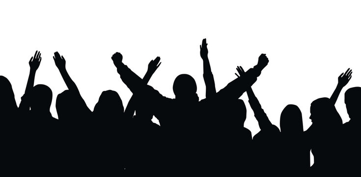 Black silhouette of cheering crowd isolated on transparent background - festival, sport, party
