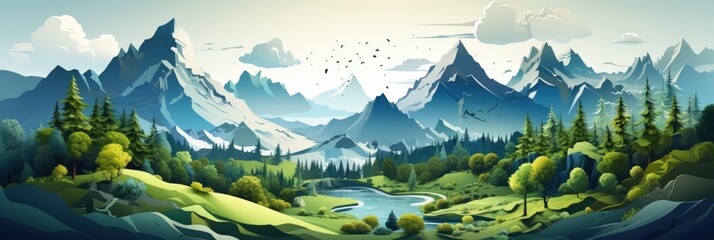 Environment illustration. A vibrant ecosystem surrounding the globe. Planets with lush green forests and snow-capped mountains. Generative AI