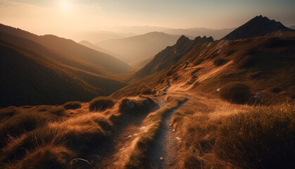 Tranquil sunrise over majestic mountain range, perfect for hiking adventure generated by AI