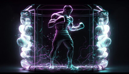 Boxer in the rack neon stylization. AI generative illustration.