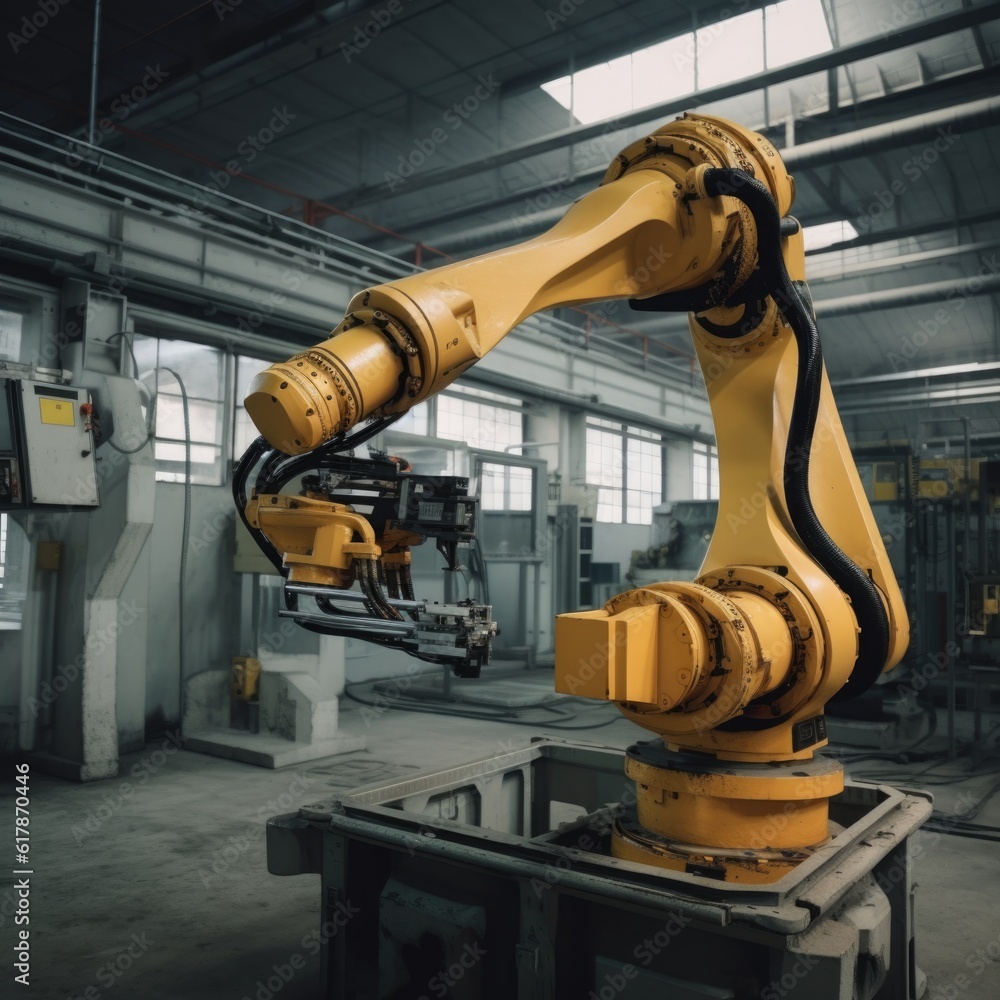 Poster robot arm manipulator in a factory. ai generative.