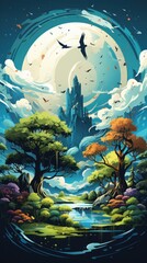 Fototapeta na wymiar Environment illustration. A vibrant ecosystem surrounding the globe. Planets with lush green forests and snow-capped mountains. Generative AI