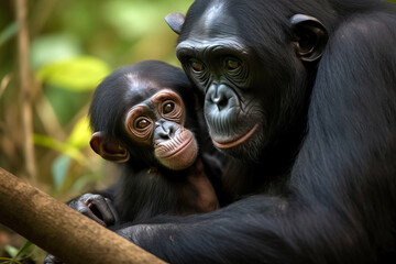 Affectionate portrait of bonobo pygmy chimpanzee with her baby in the forest. Incredible African wildlife. generative AI