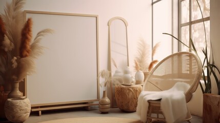 Boho style interior with blank picture frame.3d rendering